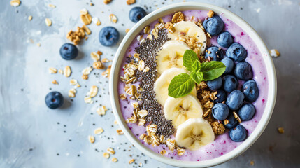 Сlose-up of a healthy vegan breakfast. A plate with healthy superfood - fresh berries, fruit yogurt, chia seeds, granola and banana slices on pastel table.  - Powered by Adobe