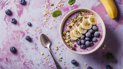 Сlose-up of a healthy vegan breakfast. A plate with healthy superfood - fresh berries, fruit yogurt, chia seeds, granola and banana slices on pastel table.  - obrazy, fototapety, plakaty