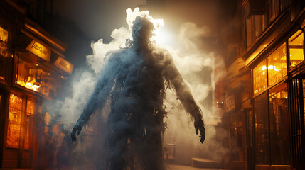Smoke forms a menacing figure on a city street at night - obrazy, fototapety, plakaty