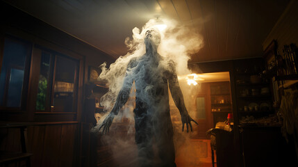 Smoke takes the shape of a figure with arms spread in a cozy room with wooden furniture and warm lighting - obrazy, fototapety, plakaty