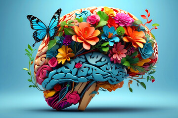 Ai generates blooming flowers and butterflies in the human brain. - obrazy, fototapety, plakaty
