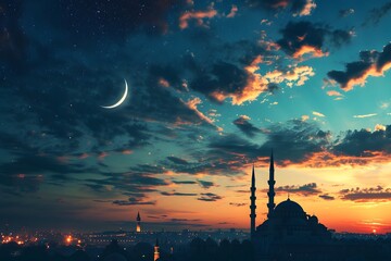 Islamic Crescent Moon of Ramadan Kareem and Eid Mubarak Background - obrazy, fototapety, plakaty