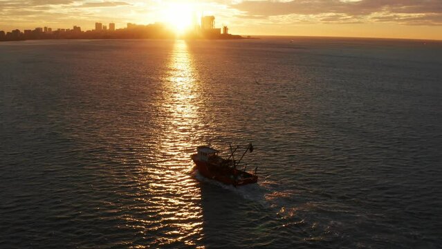 Fishing boat at sunset near city coastline, aerial view from drone.