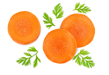 Foto op Plexiglas chopped carrot slices with leaves on a white isolated background, top view © Ирина Гутыряк
