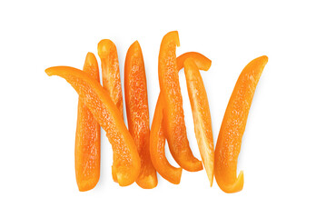 bell pepper cut into strips on a white isolated background, top view