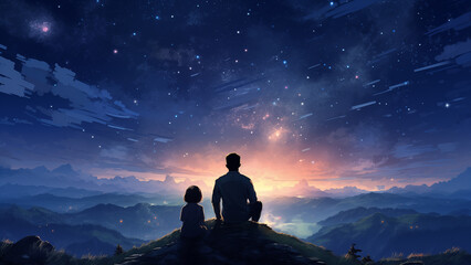 Stargazing Together - Father and Daughter - obrazy, fototapety, plakaty