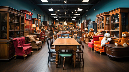 An inviting antique shop filled with vintage furniture, collectibles, and cozy teddy bears on display.