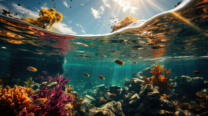 A stunning split view of the sunlit underwater world with tropical fish among colorful coral reefs.