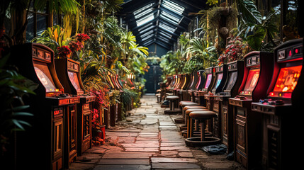 Vintage arcade room with rows of classic coin-operated gaming machines among lush green plants. - obrazy, fototapety, plakaty