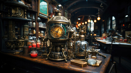 Antique steampunk clock on a wooden table amidst various vintage items in an old-style interior...