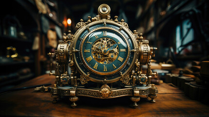 An exquisitely crafted vintage clock with visible gears and ornate brass details resting on a table.