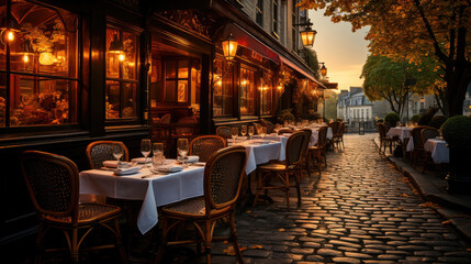 An inviting outdoor restaurant at sunset, with tables set for dining on a quaint cobblestone street.