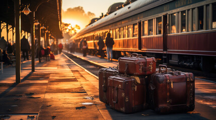 Vintage suitcases on a train platform with a sunrise backdrop, depicting the romance and adventure...