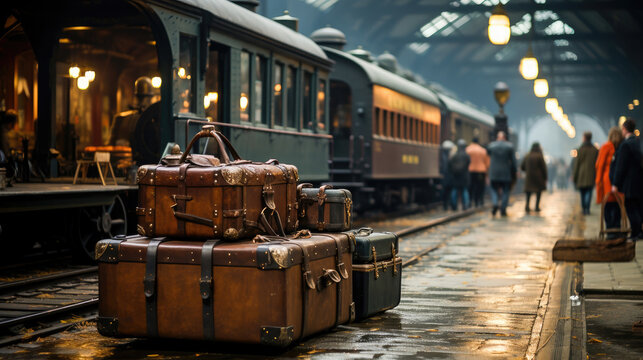 Vintage leather suitcases on a train station platform with passengers and trains in the background, creating a nostalgic travel scene.