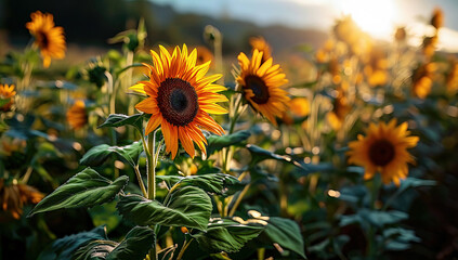 Sunflowers in the field at sunset. Sunflower natural background.