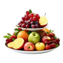 Fruits on a plate, apple, orange, grape healthy foods. Isolated on transparent background