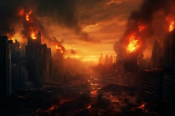 Devastating climate change-induced apocalypse with firestorm engulfing urban areas. Generative AI - obrazy, fototapety, plakaty