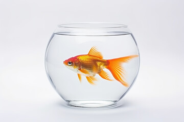A goldfish in fishbowl on white background. 