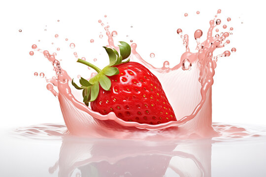 A vibrant image capturing a ripe strawberry making a splash in pink milk, creating an energetic and dynamic scene.