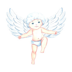 Cute charming Cupid, little angel or god Eros. Watercolor illustration, hand-drawn. Conceptual design for Valentine's Day and wedding. For postcards, prints and packaging. For flyers, banners, poster.