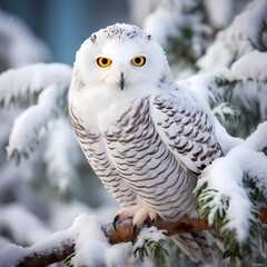 A snowy owl perched on a tree branch.
