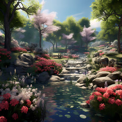 A tranquil garden with blooming flowers.