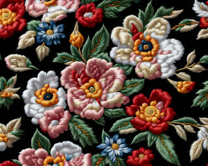 Beautiful embroidery colorful flowers and leaves pattern on black background. Generative ai