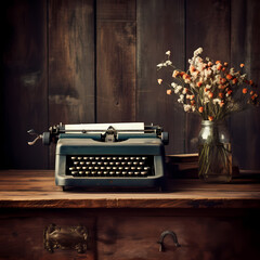 A vintage typewriter on a rustic wooden desk.