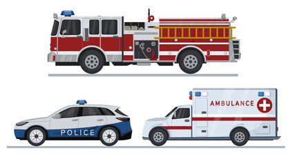 Emergency vehicles. Fire truck, ambulance and police car