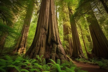 Captivating view of towering trees in the ancient cedar forest on Vancouver Island, Canada. Generative AI