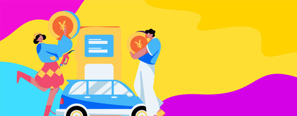Vector Internet operation hand-drawn illustration of people getting discounts for refueling their cars
