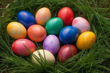 Fototapeta na wymiar Assorted, beautifully colored Easter eggs lined on green grass. Generative AI