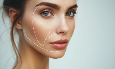 Lifting lines, advertising of face contour correction, female face skin lifting