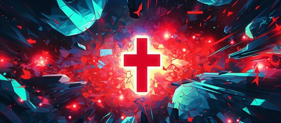 a red cross in a red and blue background