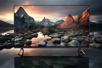 a television screen with mountains and water