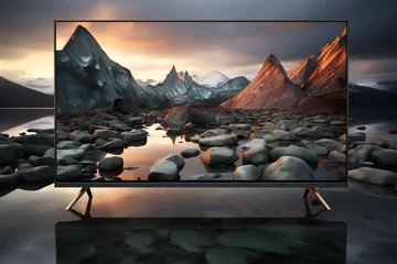 Rideaux velours Gris 2 a television screen with mountains and water