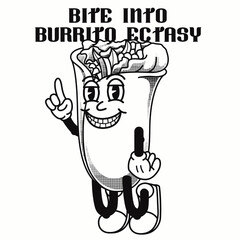 Burrito Character Design With Slogan Bite into burrito ectasy