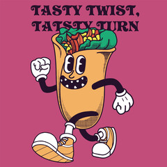 Burrito Character Design With Slogan Tasty twist, tasty turn
