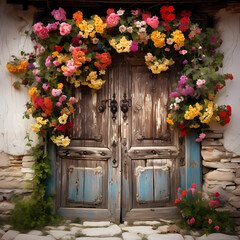 Fototapeta na wymiar Rustic wooden door with colorful flowers.