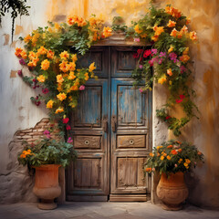 Rustic wooden door with colorful flowers.