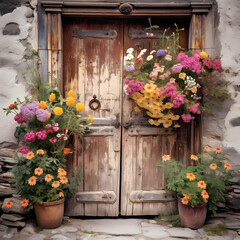 Fototapeta na wymiar Rustic wooden door with colorful flowers.