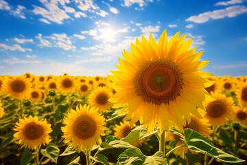A field of sunflowers, each with a beaming smile and laughing, under a bright sunny sky.