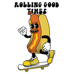 Hot dog Character Design With Slogan Rolling good times