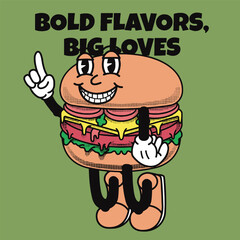 Burgers Character Design With Slogan Bold flavors, big loves