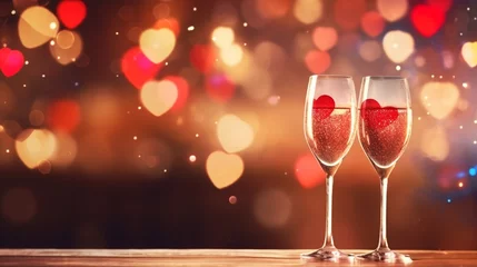 Fotobehang Conceptual image with two champagne flute glasses over red heart shaped bokeh lights. Romantic dinner for st Valentine's day. Close up, copy space. Colorful background for different romantic occasions © Maria