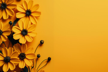 Beautiful yellow flowers blooming on a yellow background with space for text.