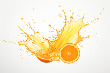 White background with orange cut in half and orange juice spread out.