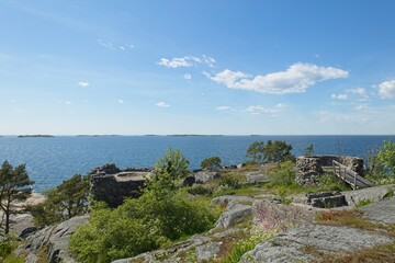 Fototapeta na wymiar Remains of WW2 coastal battery positions in summer, Hanko, Finland.