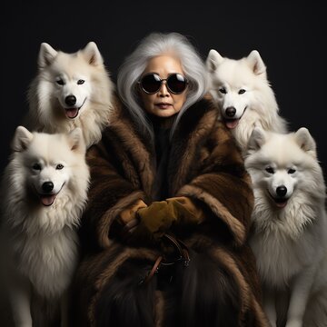 a woman with several dogs around her