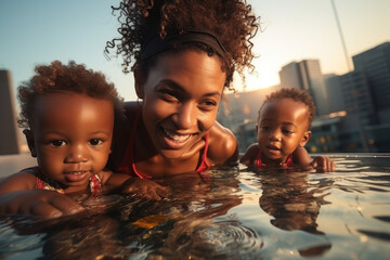African mother and two children swim in pool of apartment on the roof of skyscraper - obrazy, fototapety, plakaty